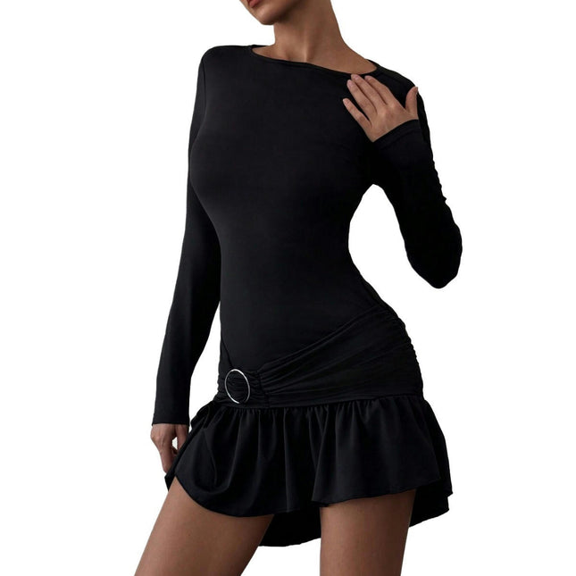 Women's Casual Long Sleeve Bodycon Short Dress Crew Neck Ruffle Mini Dresses