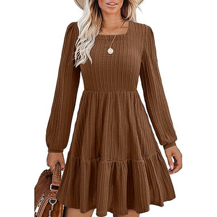 Womens Square Neck Puff Long Sleeve Dresses Casual A-Line Tiered Ruffled Mini Dress