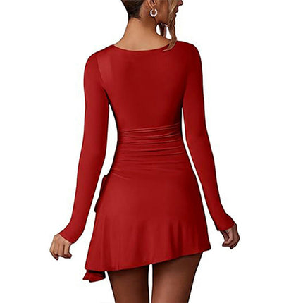 Women's Sexy Square Neck Bodice Dresses Long Sleeve Drawstring Ruffled A-Line Mini Dress