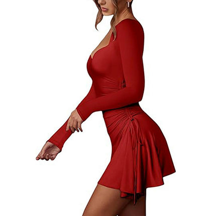 Women's Sexy Square Neck Bodice Dresses Long Sleeve Drawstring Ruffled A-Line Mini Dress