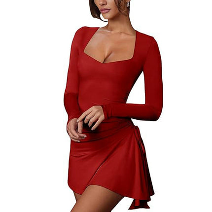 Women's Sexy Square Neck Bodice Dresses Long Sleeve Drawstring Ruffled A-Line Mini Dress