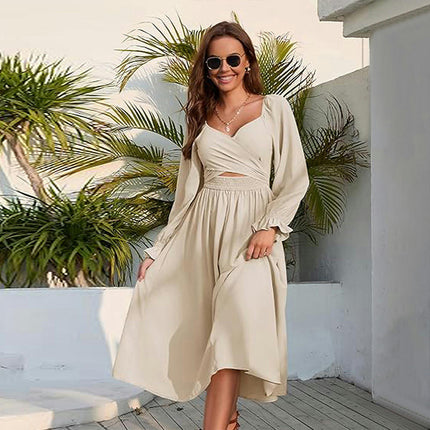 Women's Boho Sweetheart Neck Smocked Long Puff Sleeve A Line Flowy Maxi Dress