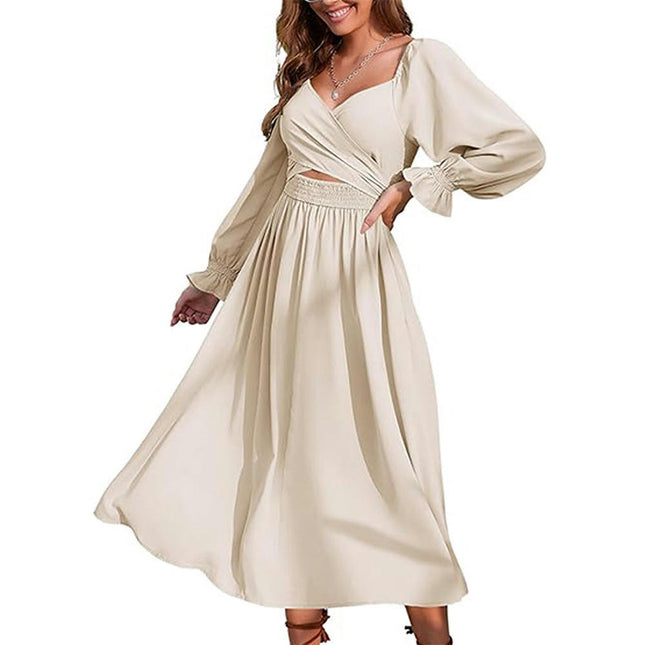 Women's Boho Sweetheart Neck Smocked Long Puff Sleeve A Line Flowy Maxi Dress