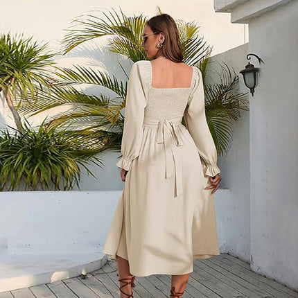 Women's Boho Sweetheart Neck Smocked Long Puff Sleeve A Line Flowy Maxi Dress