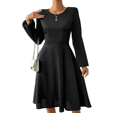 Women's Casual Crewneck Tie Back Backless Dress Long Sleeve A Line Flowy Midi Dress