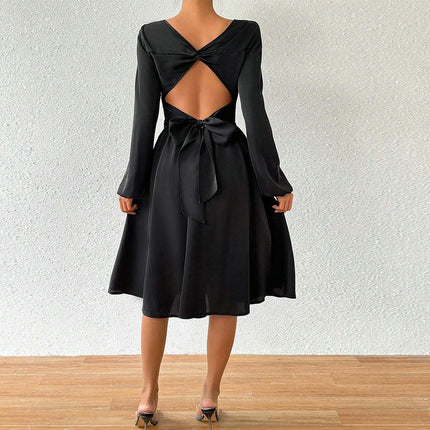 Women's Casual Crewneck Tie Back Backless Dress Long Sleeve A Line Flowy Midi Dress