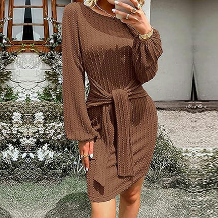 Women's Casual Long Sleeve Tie Waist Bodycon Dress Crew Neck Fitted Dresses