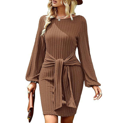 Women's Casual Long Sleeve Tie Waist Bodycon Dress Crew Neck Fitted Dresses