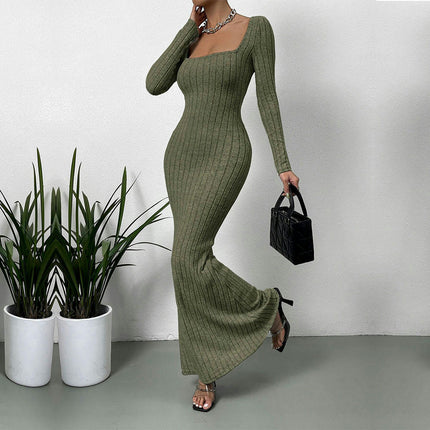 Women's Ribbed Long Sleeve Sweater Dress Square Neck Slim Fit Knitted Maxi Dress