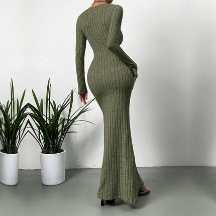 Women's Ribbed Long Sleeve Sweater Dress Square Neck Slim Fit Knitted Maxi Dress