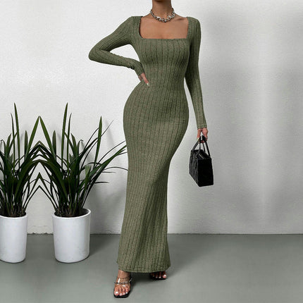 Women's Ribbed Long Sleeve Sweater Dress Square Neck Slim Fit Knitted Maxi Dress