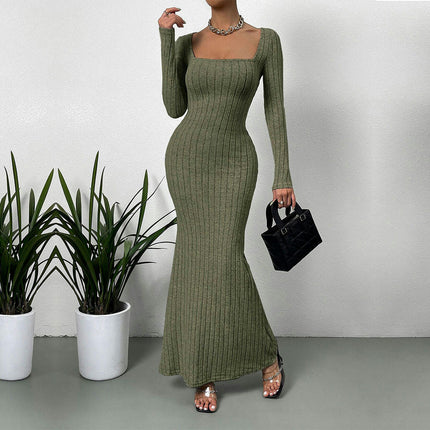 Women's Ribbed Long Sleeve Sweater Dress Square Neck Slim Fit Knitted Maxi Dress