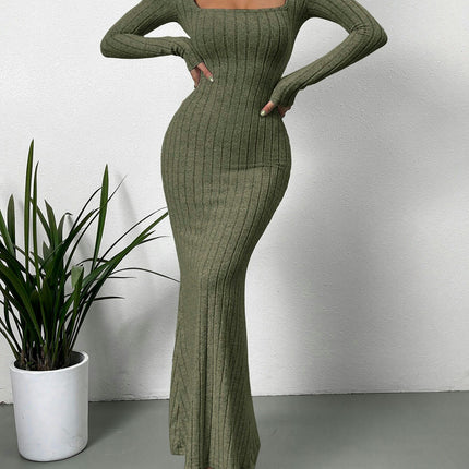 Women's Ribbed Long Sleeve Sweater Dress Square Neck Slim Fit Knitted Maxi Dress