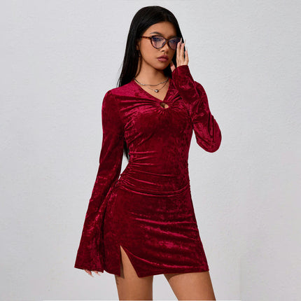 Women's Sexy Velvet Long Sleeve V Neck Ruched Bodycon Wrap Split Cocktail Club Mini Dress