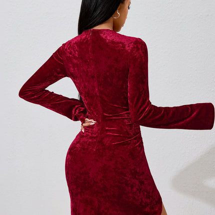 Women's Sexy Velvet Long Sleeve V Neck Ruched Bodycon Wrap Split Cocktail Club Mini Dress