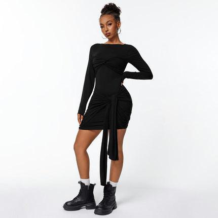 Women's Elegant Long Sleeve Short Dress Tie Waist Crewneck Bodycon Cocktail Mini Dress