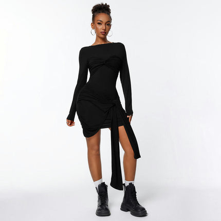 Women's Elegant Long Sleeve Short Dress Tie Waist Crewneck Bodycon Cocktail Mini Dress