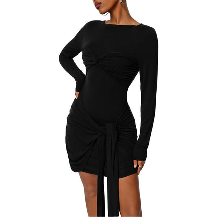 Women's Elegant Long Sleeve Short Dress Tie Waist Crewneck Bodycon Cocktail Mini Dress