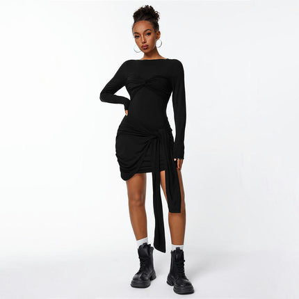 Women's Elegant Long Sleeve Short Dress Tie Waist Crewneck Bodycon Cocktail Mini Dress