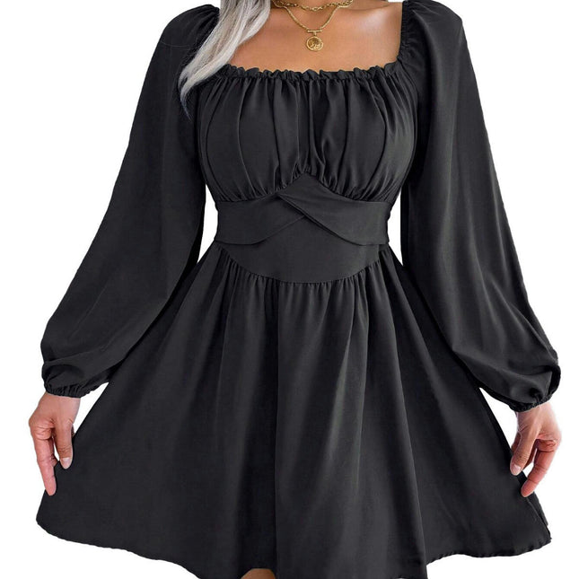 Women Square Neck Puff Long Sleeve Short Dress Ruffle A-Line Casual Mini Dresses