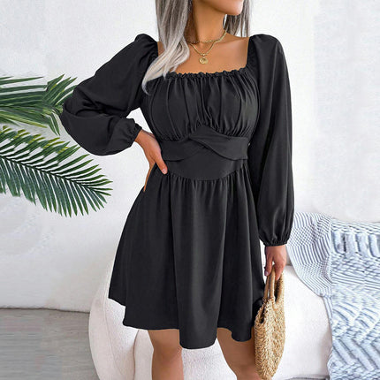 Women Square Neck Puff Long Sleeve Short Dress Ruffle A-Line Casual Mini Dresses