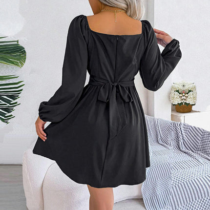 Women Square Neck Puff Long Sleeve Short Dress Ruffle A-Line Casual Mini Dresses