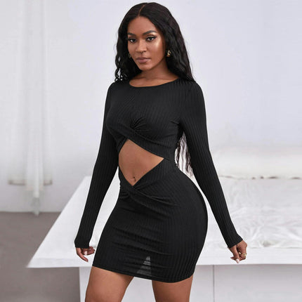 Women's Sexy Long Sleeve Mock Neck Cut Out Twist Front Ruched Bodycon Mini Short Dresses