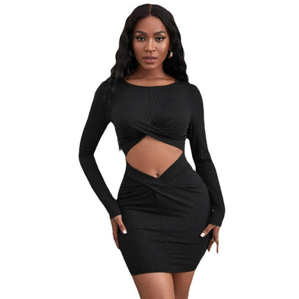 Women's Sexy Long Sleeve Mock Neck Cut Out Twist Front Ruched Bodycon Mini Short Dresses