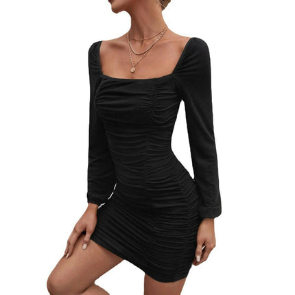 Women's Elegant Ruched Bodycon Dresses Long Sleeve Square Neck Party Club Cocktail Mini Dress