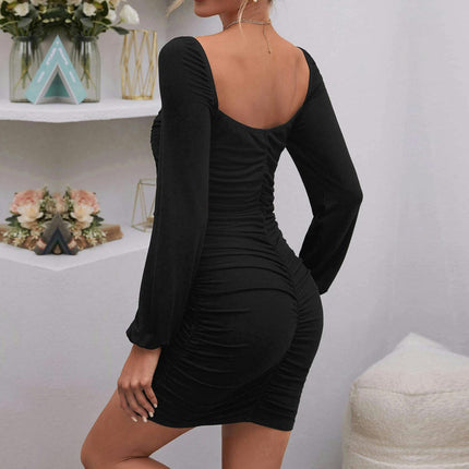 Women's Elegant Ruched Bodycon Dresses Long Sleeve Square Neck Party Club Cocktail Mini Dress