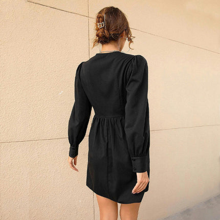 Women's Sexy Deep V Neck Long Sleeve Mini Dress A-line High Waisted Casual Flowy Dress