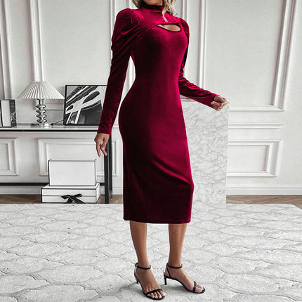 Women's Velvet Puff Long Sleeved Dresses Mock Neck Cut Out Bodycon Midi Dress