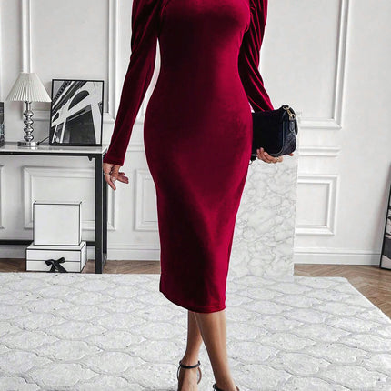 Women's Velvet Puff Long Sleeved Dresses Mock Neck Cut Out Bodycon Midi Dress