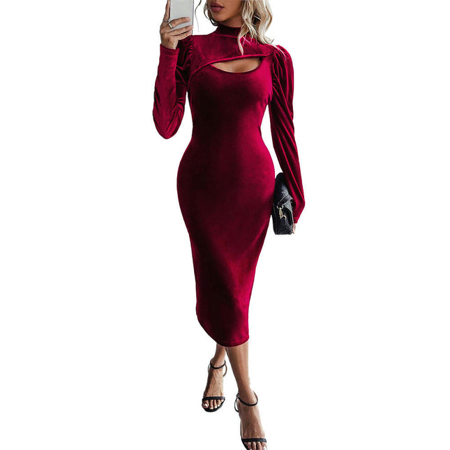 Women's Velvet Puff Long Sleeved Dresses Mock Neck Cut Out Bodycon Midi Dress