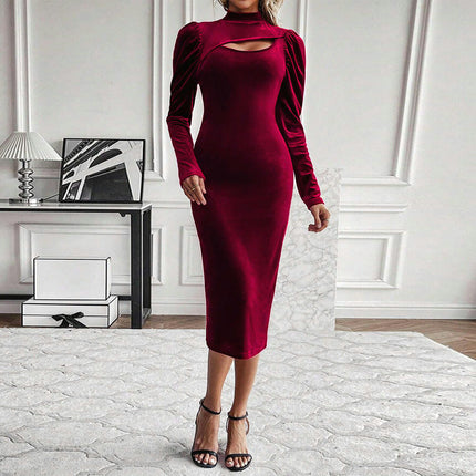 Women's Velvet Puff Long Sleeved Dresses Mock Neck Cut Out Bodycon Midi Dress