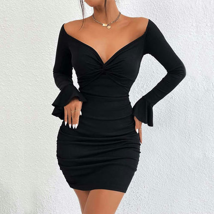 Womens Twist Front Deep V Neck Short Dresses Long Sleeve Ruched Bodycon Mini Dress