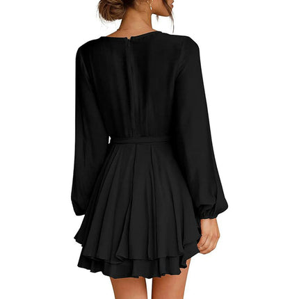 Women Long Sleeve Deep V Neck Mini Dress Tie Waisted A-line Layered Ruffled Dress