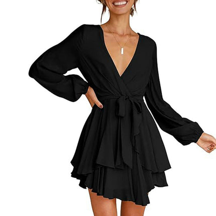 Women Long Sleeve Deep V Neck Mini Dress Tie Waisted A-line Layered Ruffled Dress