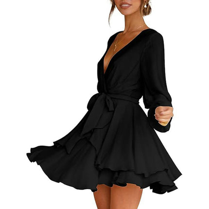 Women Long Sleeve Deep V Neck Mini Dress Tie Waisted A-line Layered Ruffled Dress