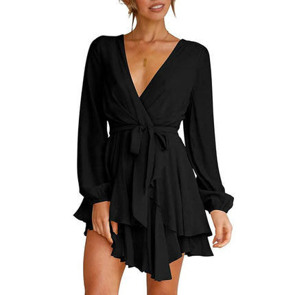 Women Long Sleeve Deep V Neck Mini Dress Tie Waisted A-line Layered Ruffled Dress