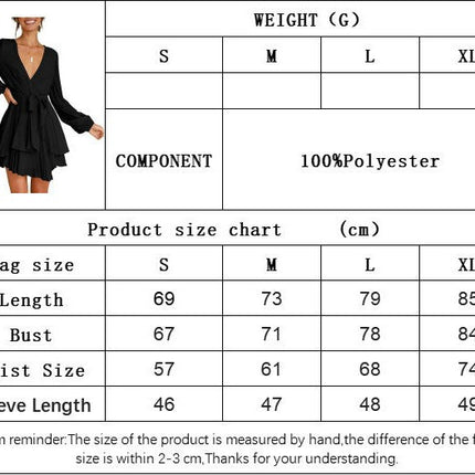 Women Long Sleeve Deep V Neck Mini Dress Tie Waisted A-line Layered Ruffled Dress