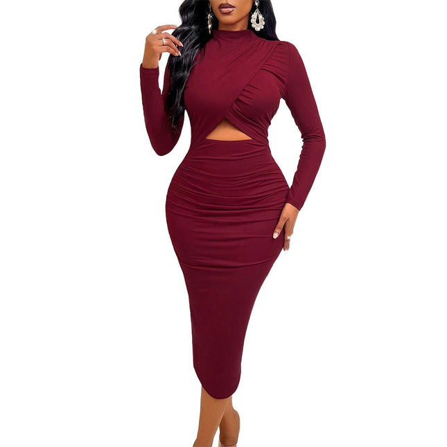 Women's Long Sleeve Cutout Bodycon Dress Sexy Crewneck Twist Knot Ruched Slim Midi Dresses