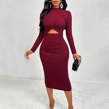 Women's Long Sleeve Cutout Bodycon Dress Sexy Crewneck Twist Knot Ruched Slim Midi Dresses