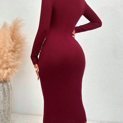 Women's Long Sleeve Cutout Bodycon Dress Sexy Crewneck Twist Knot Ruched Slim Midi Dresses