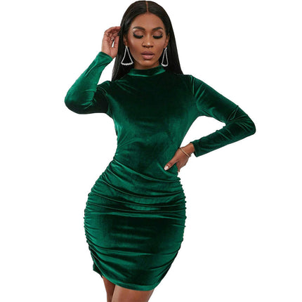 Womens Velvet Mock Neck Long Sleeve Bodycon Ruched Short Cocktail Party Club Mini Dress