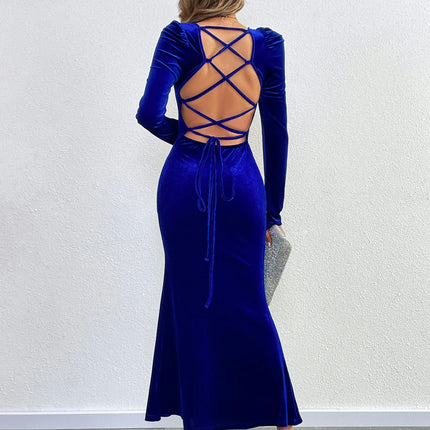 Women Velvet Square Neck Long Sleeve Maxi Dress Backless Bodycon Evening Party Formal Dress