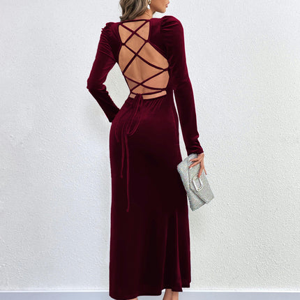 Women Velvet Square Neck Long Sleeve Maxi Dress Backless Bodycon Evening Party Formal Dress