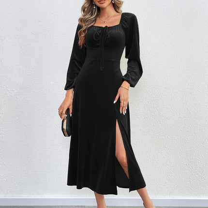 Women's Velvet Long Sleeved Dresses Square Neck Split Hem Cocktail Party Midi Dress