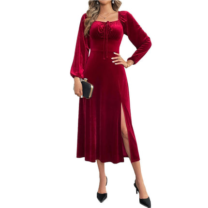 Women's Velvet Long Sleeved Dresses Square Neck Split Hem Cocktail Party Midi Dress