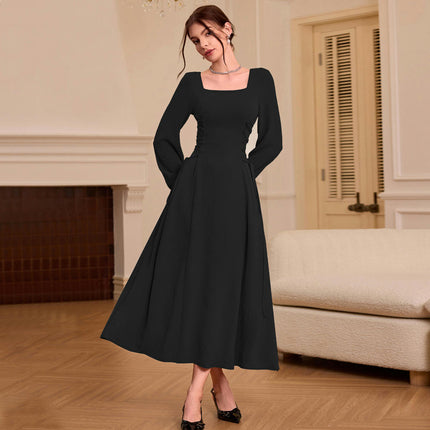 Women's Square Neck Dresses Puff Long Sleeve A Line Flowy Maxi Dress